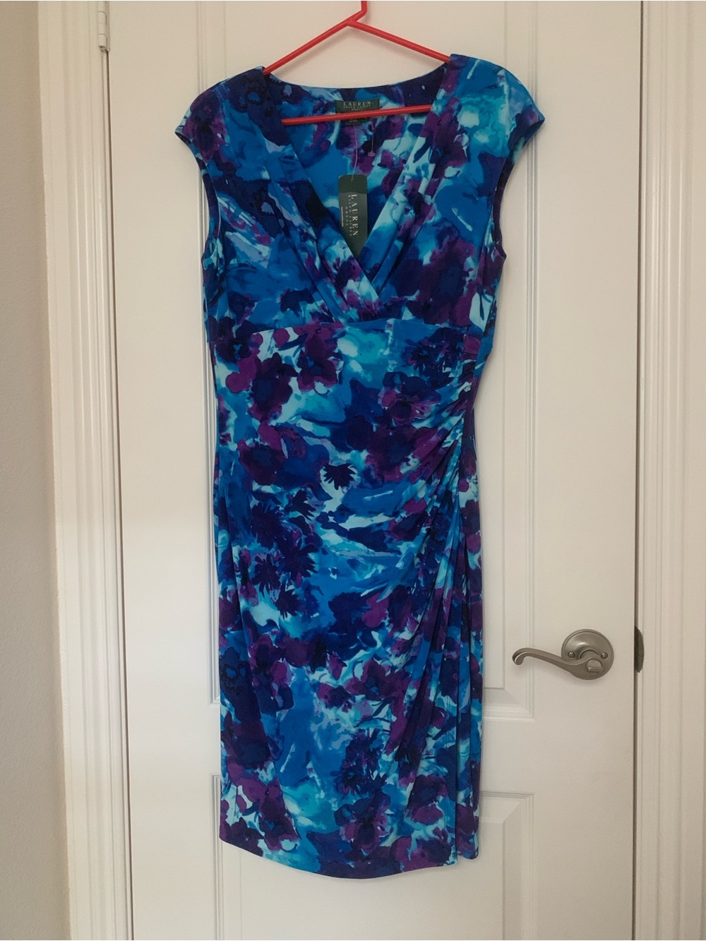 NWT Lauren Ralph Lauren Blue Purple Floral Faux Wrap Dress Ruched Size 12
